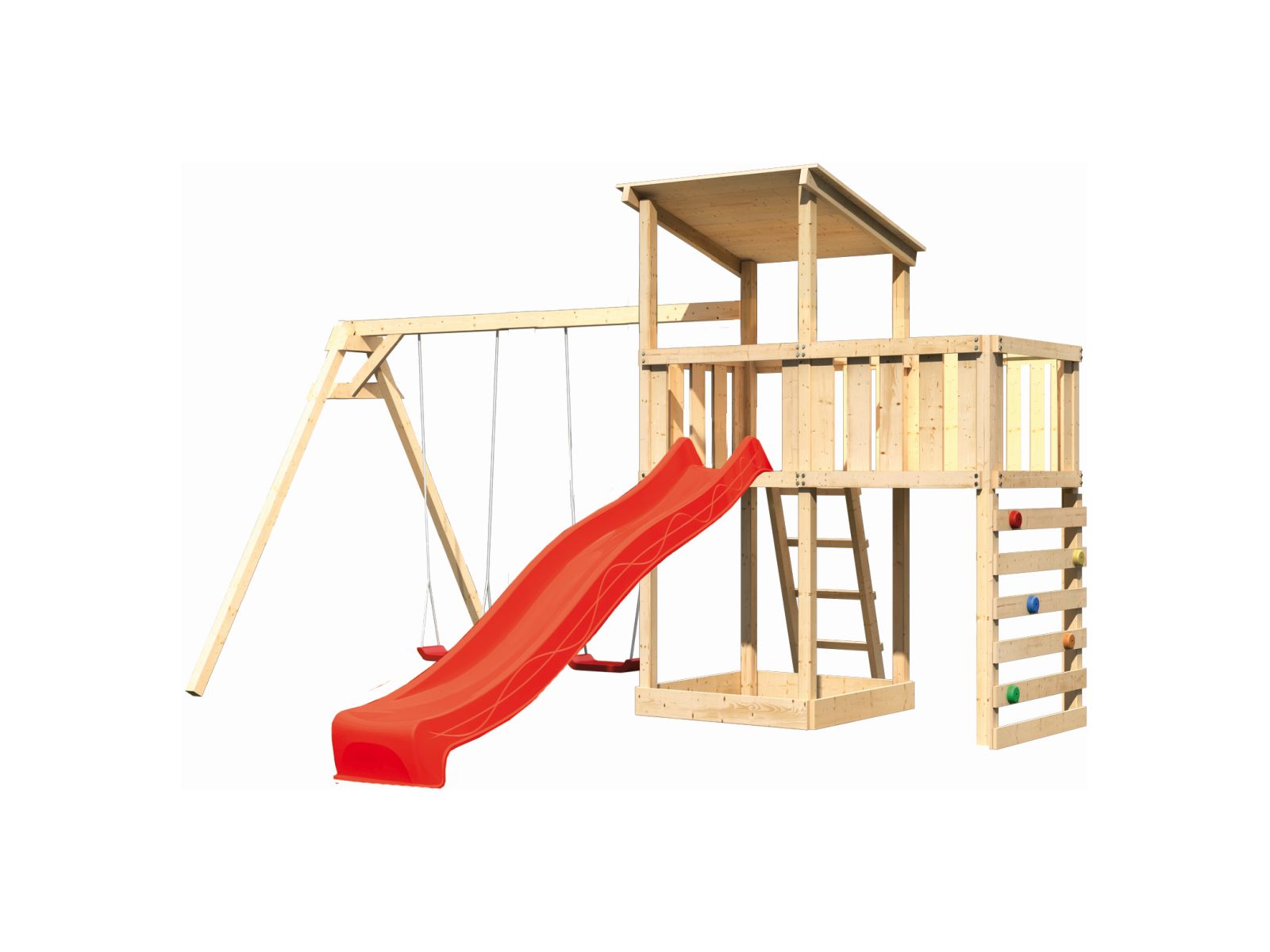 Karibu Spielturm Anna + Rutsche rot + Doppelschaukel + Anbauplattform + Kletterwand