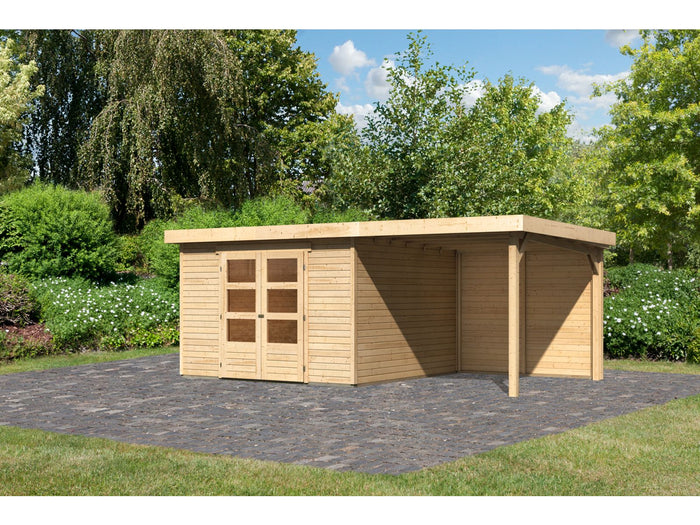 Karibu Gartenhaus Askola 6 natur mit Anbaudach 2,4 Meter - Rückwand