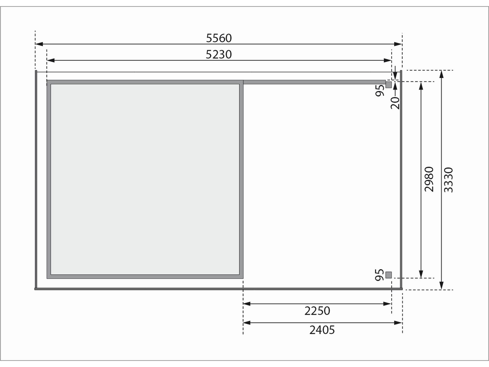 Karibu Gartenhaus Askola 6 in terragrau mit Anbaudach 2,4 Meter - Rückwand