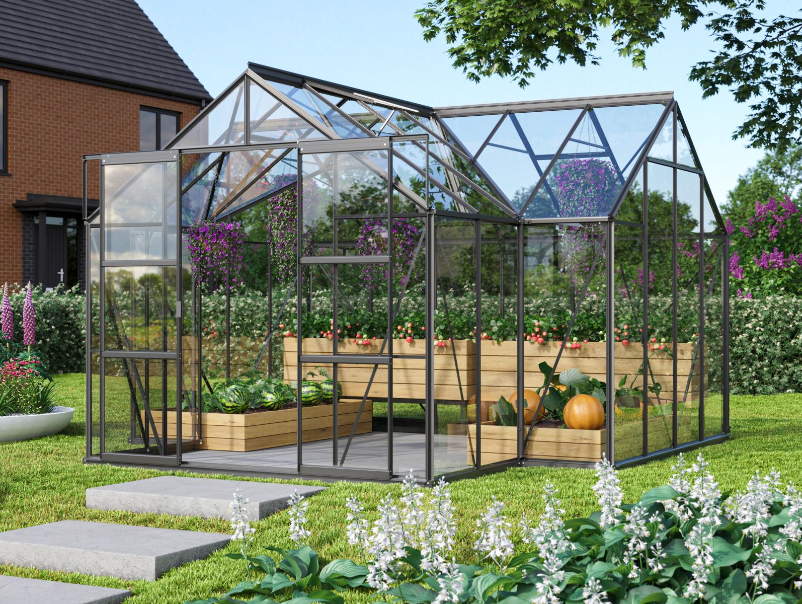 Vitavia Gewächshaus Sirius Orangerie ESG 3 mm schwarz, inkl. Fundamentrahmen