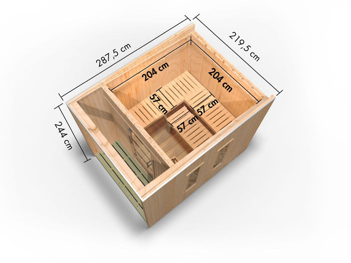 Karibu Saunahaus Laguna natur,73 mm -inkl. 9 kW Bioofen ext. Steuerung Wifi HUUM