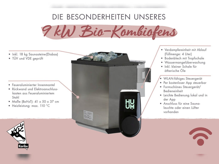 Karibu Saunahaus Laguna natur,73 mm -inkl. 9 kW Bioofen ext. Steuerung Wifi HUUM