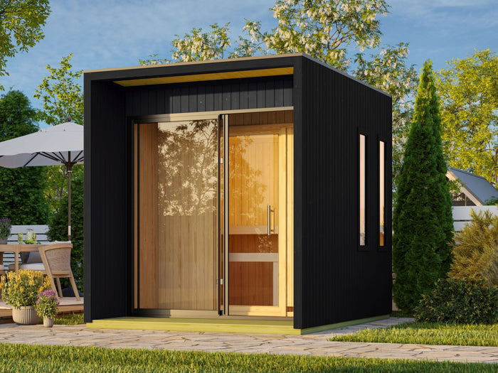 Karibu Saunahaus Catalina, schwarz-inkl. 9 kW Bioofen ext. Steuerung Wifi HUUM- inkl. Vorraum, 73 mm