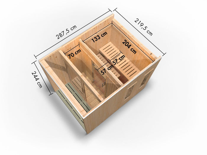 Karibu Saunahaus Catalina, schwarz-inkl. 9 kW Bioofen ext. Steuerung Wifi HUUM- inkl. Vorraum, 73 mm