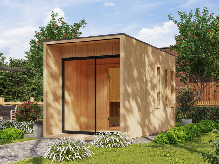 Karibu Saunahaus Miramar natur, inkl. 9 kW Ofen ext. Steuerung Wifi HUUM, inkl. Vorraum, 73 mm