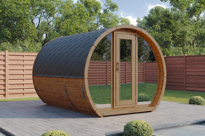 Wolff Finnhaus Saunafass Senta 2333 Thermoholz Bausatz mit schwarzen Dachschindeln