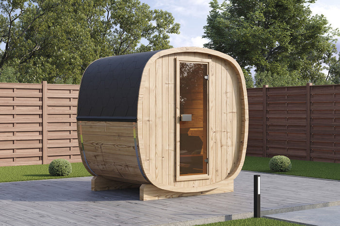 Wolff Finnhaus Saunafass Cees 2116 Bausatz mit schwarzen Dachschindeln