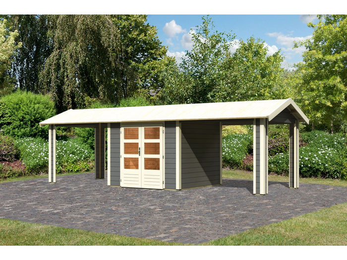 Karibu Gartenhaus Theres 3 terragrau- 2 Dachbausbauelemente