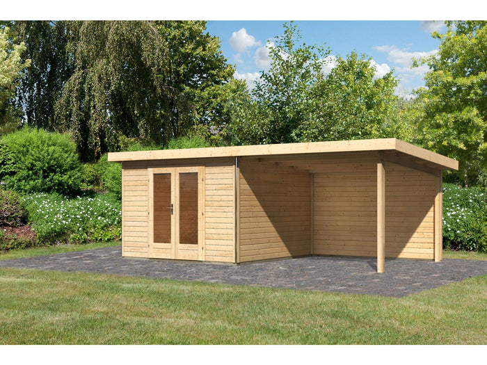 Karibu Gartenhaus Radeburg 1 natur mit Anbaudach 3,3 m inkl. Rückwand