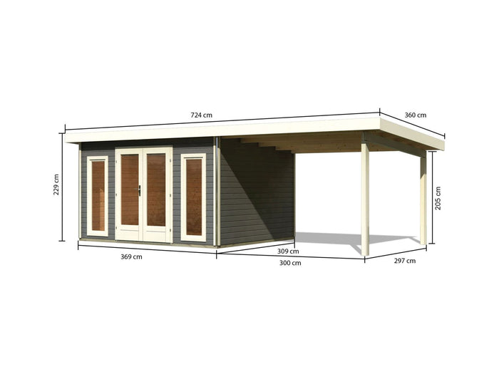 Karibu Gartenhaus Radeburg 2 terragrau 38 mm mit Anbaudach 3,3 m