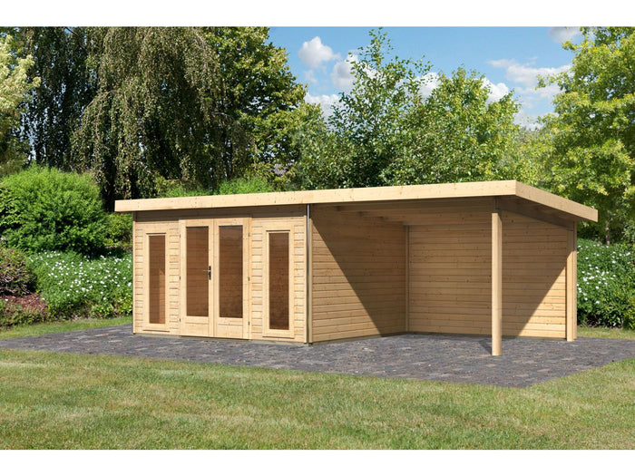 Karibu Gartenhaus Radeburg 2 natur 38 mm mit Anbaudach 3,3 m und Rückwand