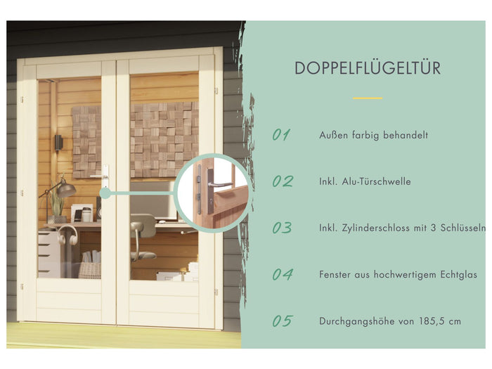 Karibu Gartenhaus Radeburg 2 terragrau mit Anbaudach 3,3 m und Rückwand