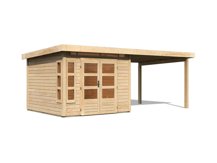Karibu Gartenhaus Kastorf 6 - 28 mm natur mit Anbaudach 3,2 m