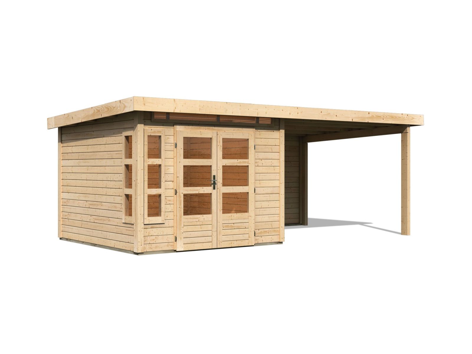 Karibu Gartenhaus Kastorf 6 - natur mit Anbaudach 3,2 m und 28 mm Rückwand