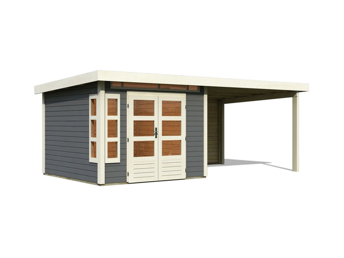 Karibu Gartenhaus Kastorf 6 - terragrau mit Anbaudach 3,2 m und 28 mm Rückwand