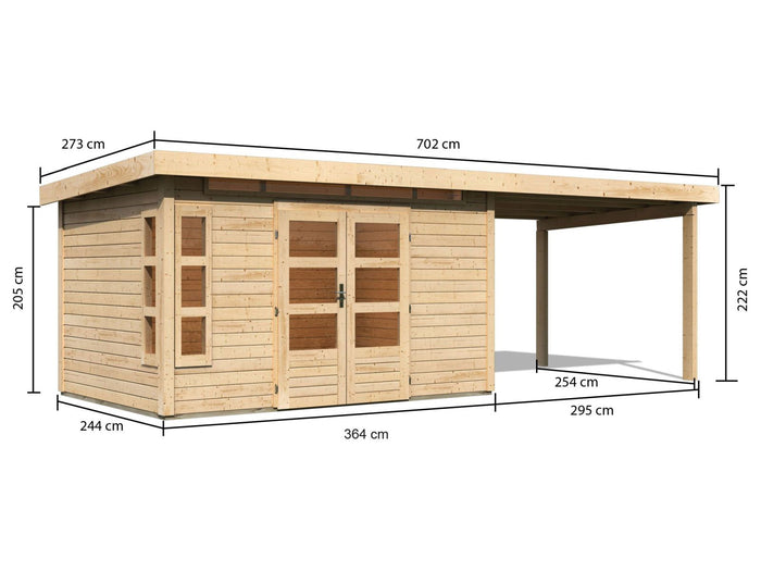 Karibu Gartenhaus Kastorf 7 - natur mit Anbaudach 3,2 m