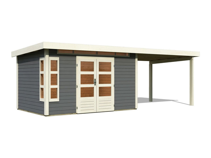 Karibu Gartenhaus Kastorf 7 - terragrau mit Anbaudach 3,2 m