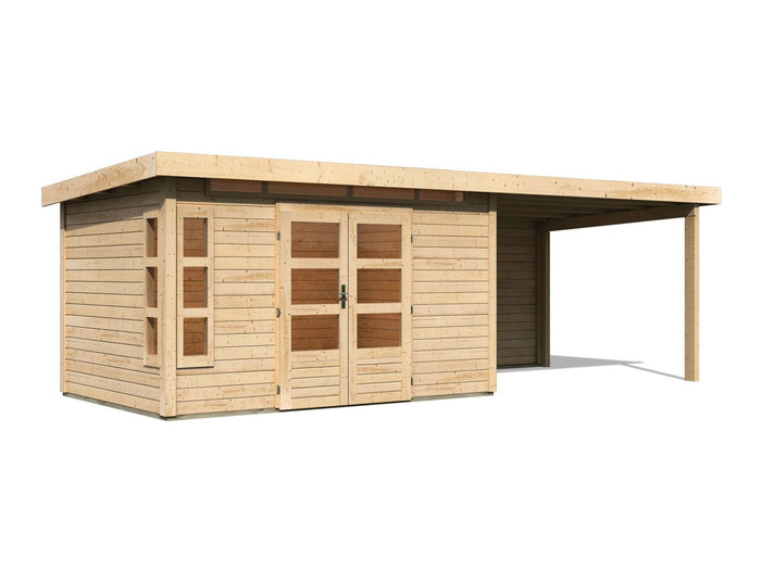 Karibu Gartenhaus Kastorf 7 - natur mit Anbaudach 3,2 m und 28 mm Rückwand