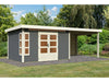Karibu Gartenhaus Kastorf 7 - terragrau mit Anbaudach 3,2 m und 28 mm Rückwand