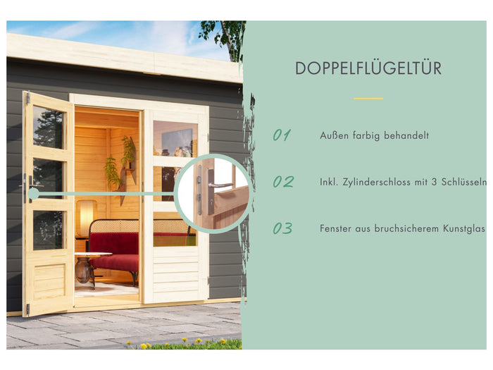 Karibu Gartenhaus Kastorf 7 - terragrau mit Anbaudach 3,2 m und 28 mm Rückwand