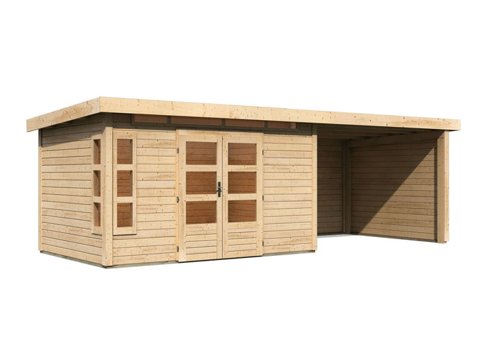 Karibu Gartenhaus Kastorf 7 - natur mit Anbaudach 3,2 m und 28 mm Seiten- und Rückwand