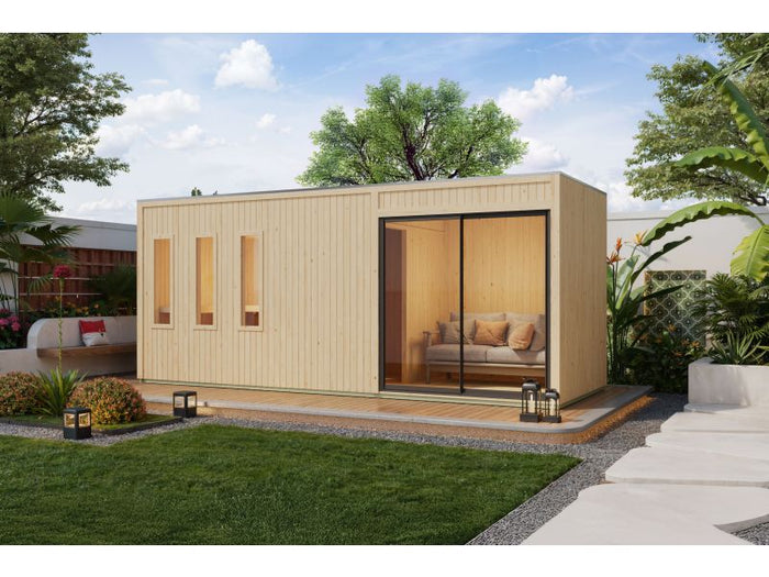 Karibu Saunahaus Monterey, natur, inkl. 9 kW Ofen ext. Steuerung, mit Séparée im Vorraum, 73 mm