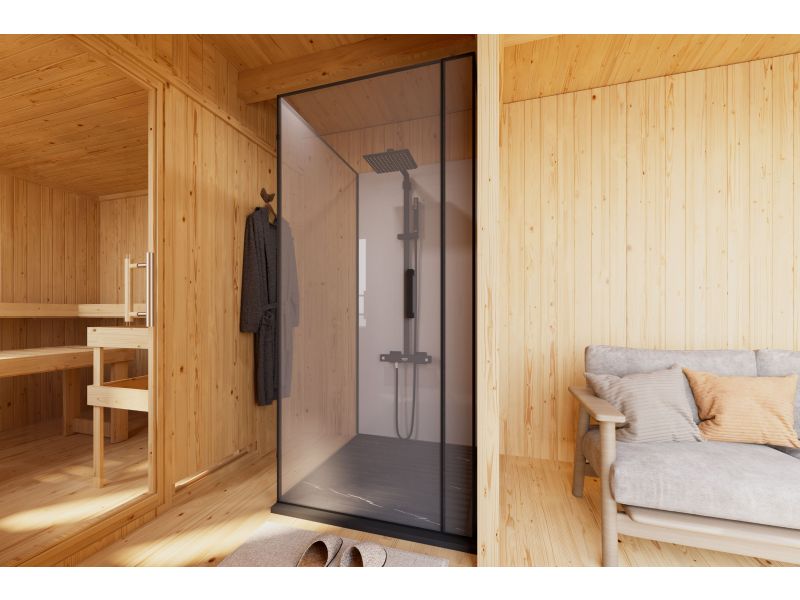 Karibu Saunahaus Monterey, natur, inkl. 9 kW Ofen ext. Steuerung, mit Séparée im Vorraum, 73 mm
