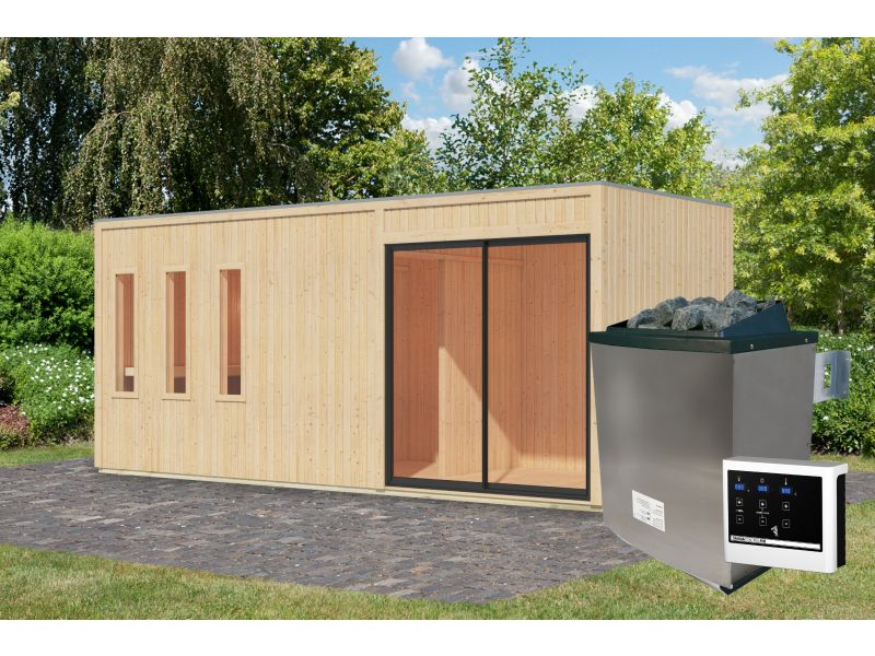 Karibu Saunahaus Monterey, natur, inkl. 9 kW Ofen ext. Steuerung, mit Séparée im Vorraum, 73 mm