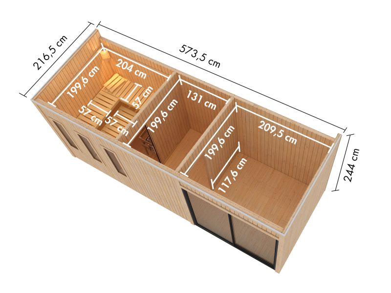 Karibu Saunahaus Monterey, natur, inkl. 9 kW Ofen ext. Steuerung, mit Séparée im Vorraum, 73 mm
