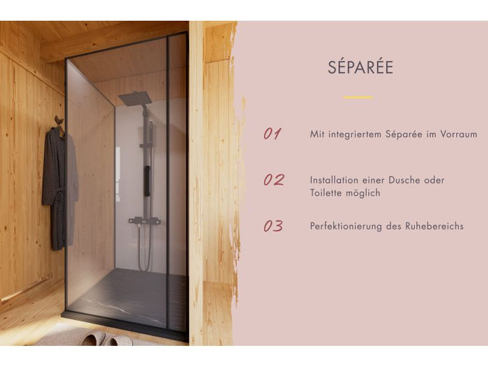 Karibu Saunahaus Monterey, natur, inkl. 9 kW Ofen ext. Steuerung, mit Séparée im Vorraum, 73 mm