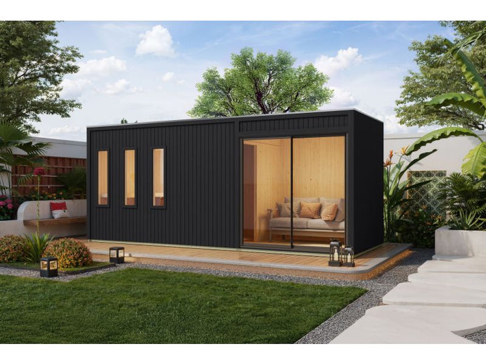 Karibu Saunahaus Monterey, schwarz, inkl. 9 kW Bioofen ext. Steuerung, mit Séparée im Vorraum, 73 mm