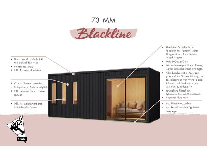 Karibu Saunahaus Monterey, schwarz, inkl. 9 kW Bioofen ext. Steuerung, mit Séparée im Vorraum, 73 mm
