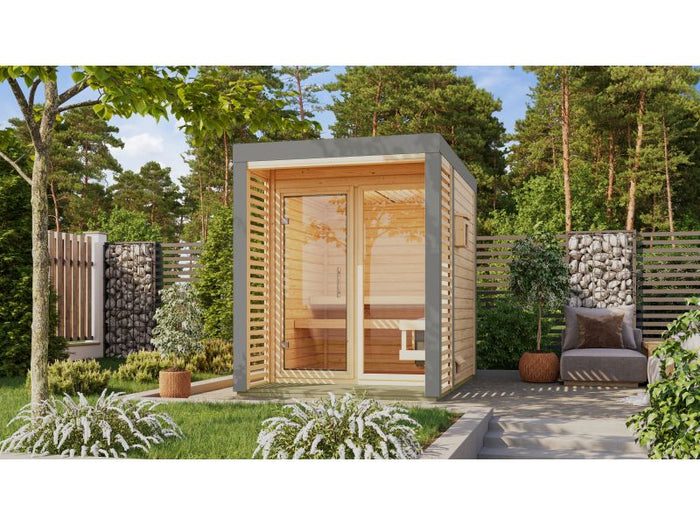 Karibu Hybrid Saunahaus Ares 1, naturbelassen/graualuminium, inkl. 9 kW Bioofen ext. Steuerung