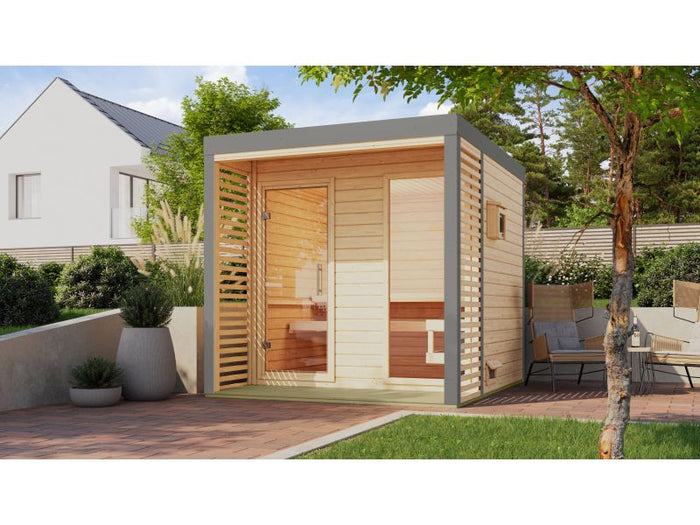 Karibu Hybrid Saunahaus Ares 2, naturbelassen/graualuminium, inkl 9 kW Bioofen ext. Steuerung