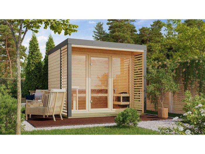 Karibu Hybrid Saunahaus Ares 3, naturbelassen/graualuminium, inkl. 9 kW Ofen ext. Steuerung