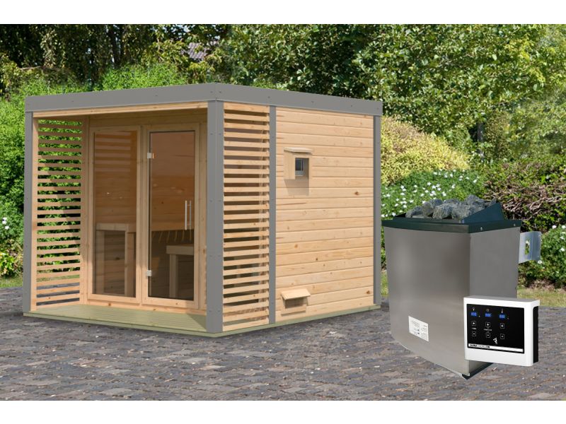 Karibu Hybrid Saunahaus Ares 3, naturbelassen/graualuminium, inkl. 9 kW Ofen ext. Steuerung