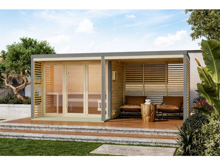 Karibu Hybrid Saunahaus Ares 3, naturbelassen/graualuminium, inkl. 9 kW Bioofen ext. Steuerung