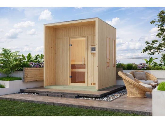 Karibu Saunahaus Arcadia, natur, 73 mm -inkl. 9 kW Ofen ext. Steuerung