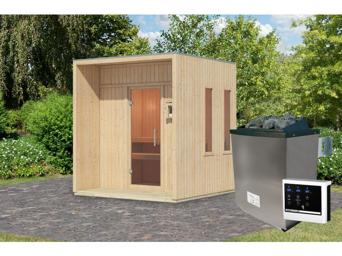 Karibu Saunahaus Arcadia, natur, 73 mm -inkl. 9 kW Ofen ext. Steuerung