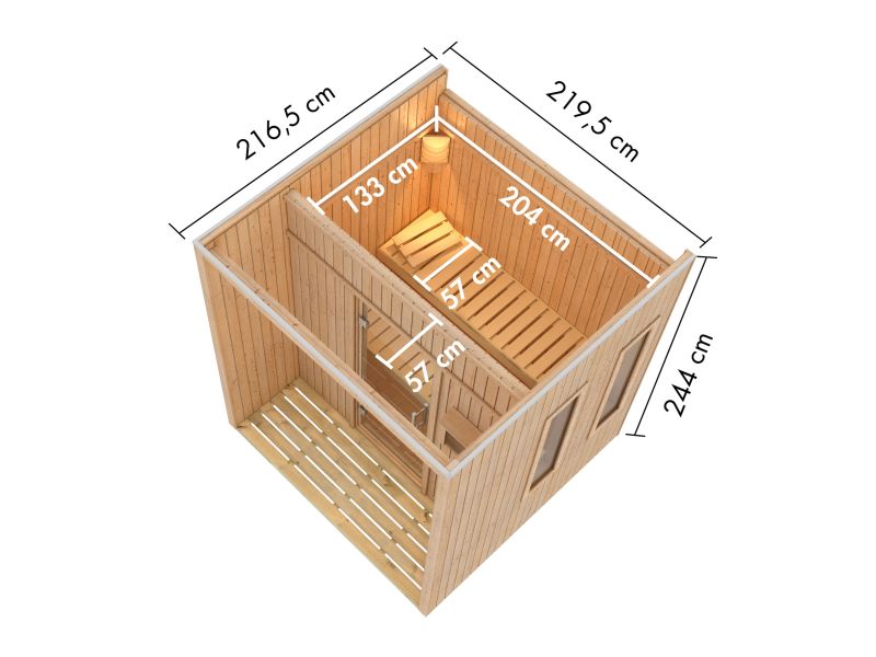 Karibu Saunahaus Arcadia, natur, 73 mm -inkl. 9 kW Ofen ext. Steuerung