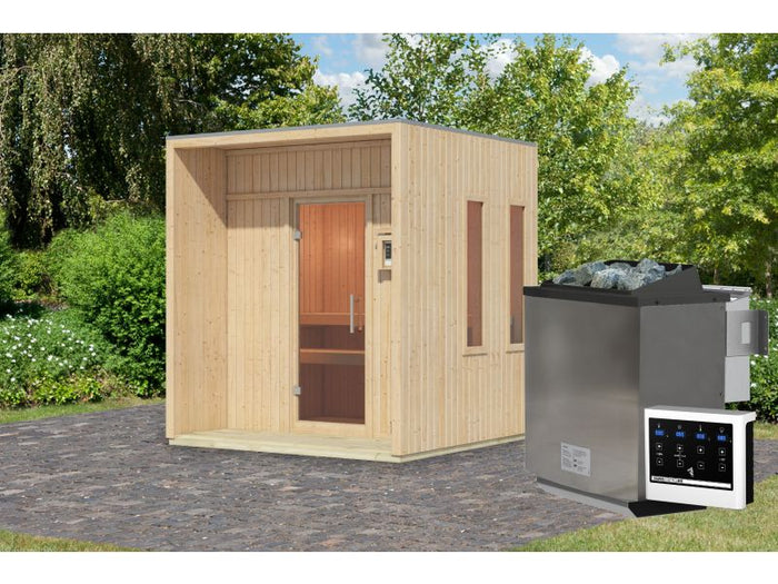 Karibu Saunahaus Arcadia, natur, 73 mm -inkl. 9 kW Bioofen ext. Steuerung