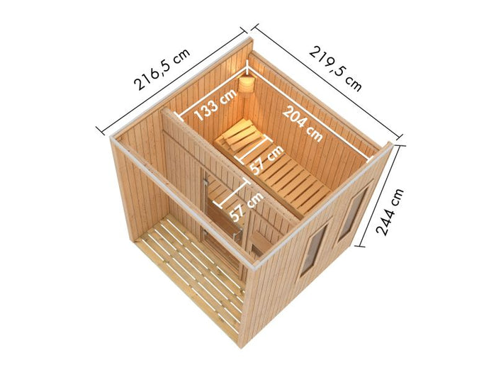 Karibu Saunahaus Arcadia, natur, 73 mm -inkl. 9 kW Bioofen ext. Steuerung