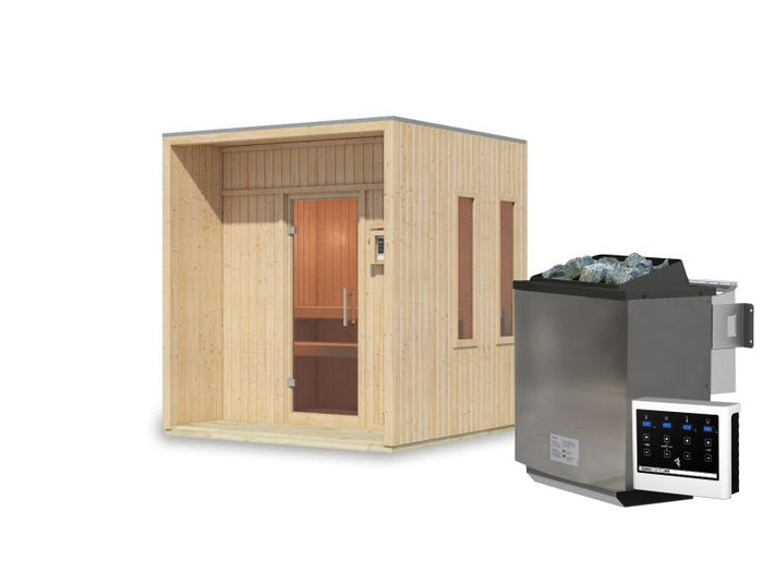 Karibu Saunahaus Arcadia, natur, 73 mm -inkl. 9 kW Bioofen ext. Steuerung