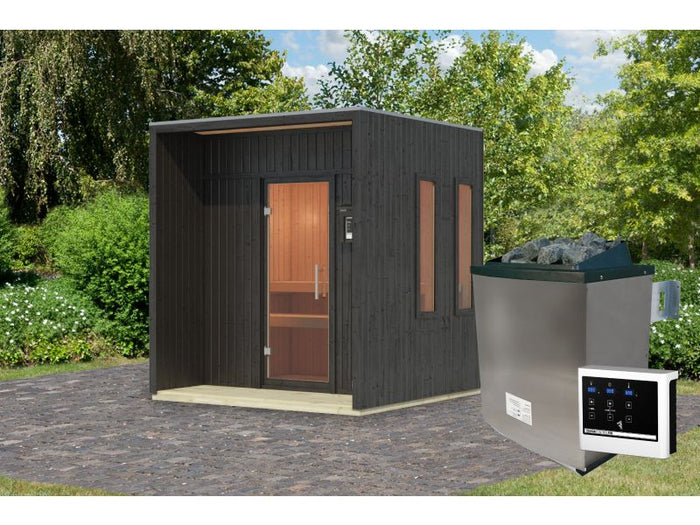Karibu Saunahaus Arcadia, schwarz, 73 mm -inkl. 9 kW Ofen ext. Steuerung