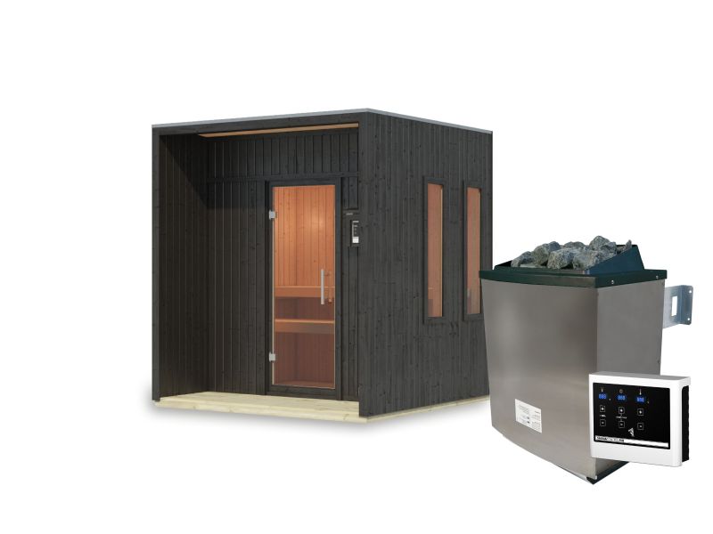 Karibu Saunahaus Arcadia, schwarz, 73 mm -inkl. 9 kW Ofen ext. Steuerung