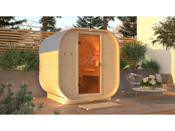 Karibu Fasssauna Quadro 1, inkl. 9 kW Bioofen ext. Steuerung - 38 mm