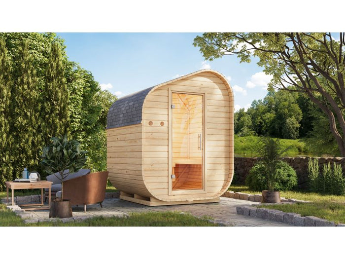 Karibu Fasssauna  Asymmetrisch 1, inkl. 9 kW Ofen ext. Steuerung