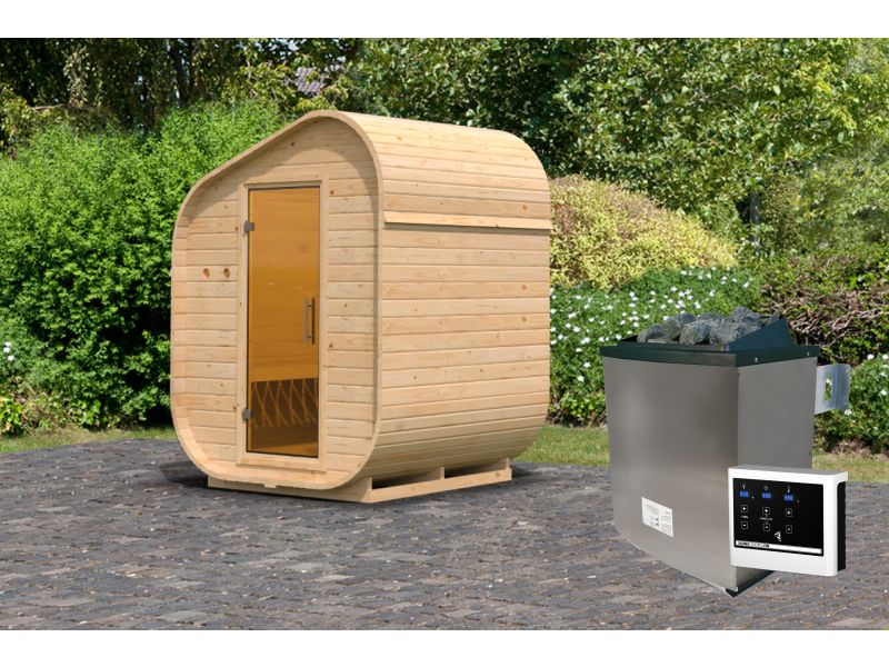 Karibu Fasssauna  Asymmetrisch 1, inkl. 9 kW Ofen ext. Steuerung