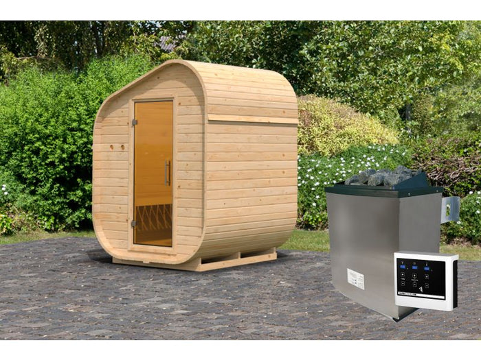 Karibu Fasssauna  Asymmetrisch 1, inkl. 9 kW Ofen ext. Steuerung