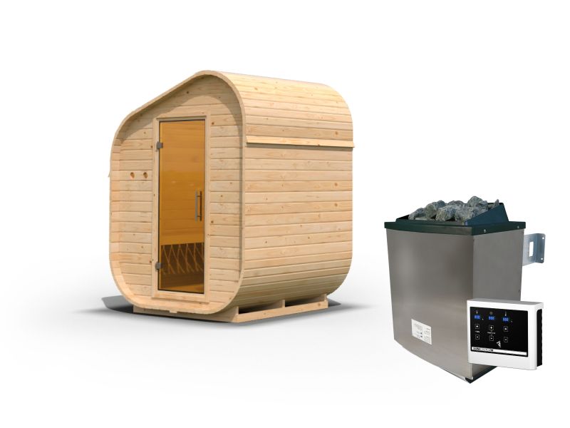 Karibu Fasssauna  Asymmetrisch 1, inkl. 9 kW Ofen ext. Steuerung